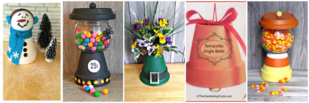 More clay pot projects to try A collage with pictures of a clay pot snowman, pot gum machine, hat centerpiece, bell ornament and candy corn dispenser.