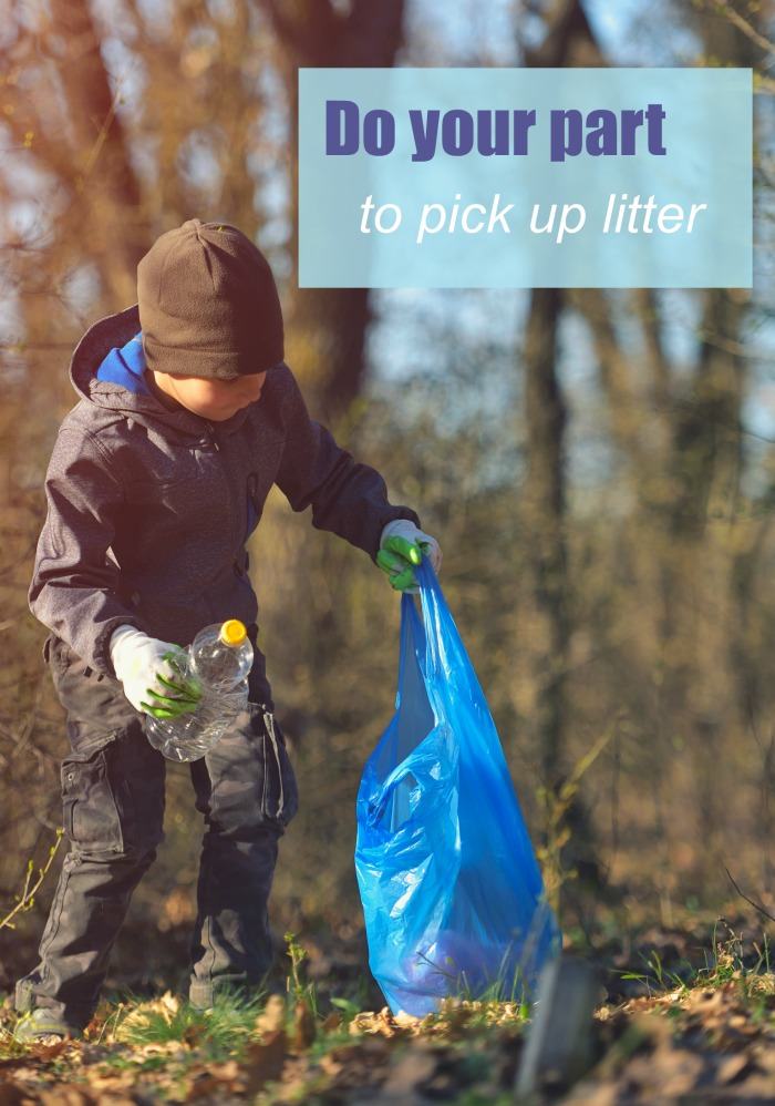 Child putting a soda bottle in a blue plastic bag with text reading "do your part to pick up litter."