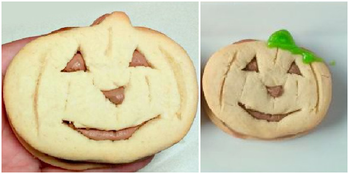A collage with a pumpkin cookie on the left with a Jack O Lantern face and the same cookie but with a green stem on the right.