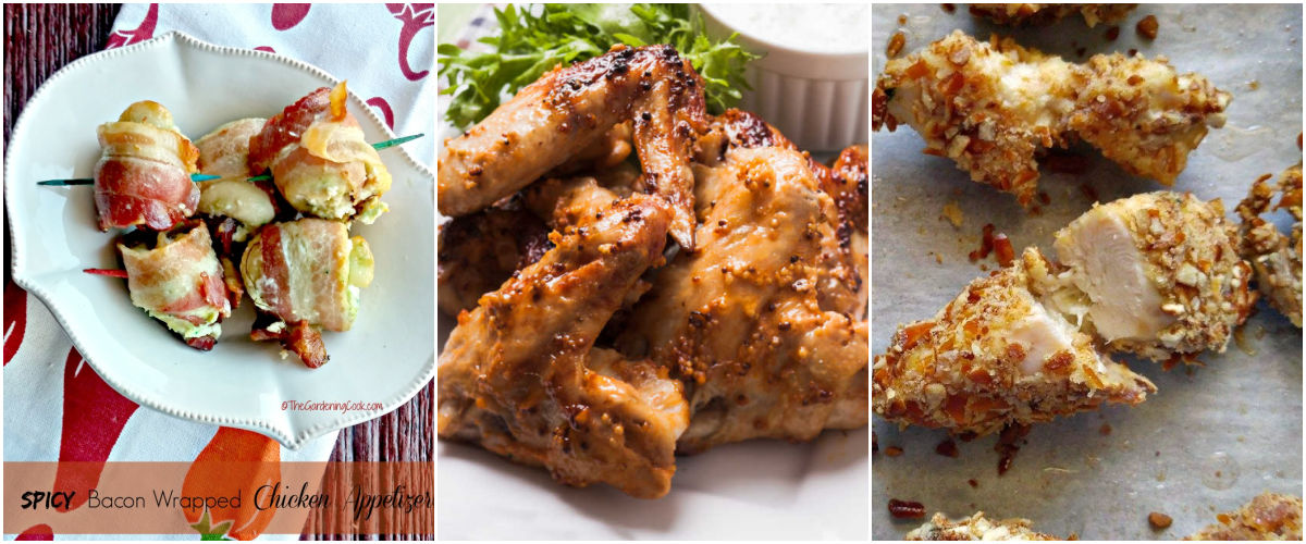 Bacon wrapped chicken bites, honey-garlic chicken wings and pretzel-coated chicken bites in a collage.