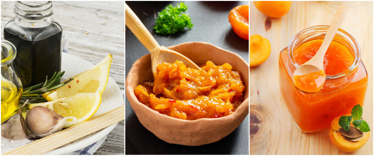 Pictures of soy sauce, lemon, garlic, oil, chutney and apricot jam photos used to make a chutney glaze for chicken wings.