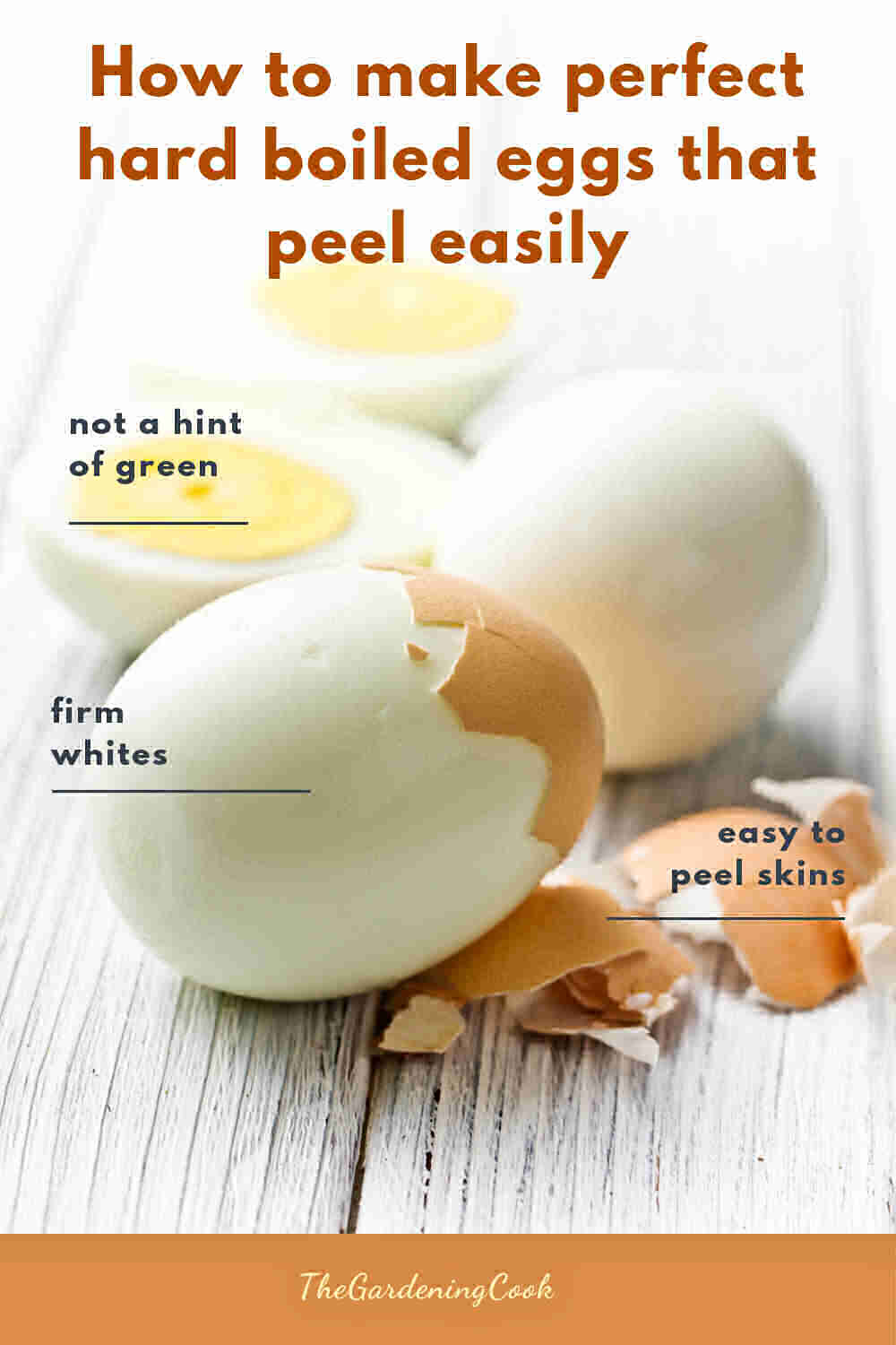 Hard boiled eggs with a shell removed and words reading How to make perfect hard boiled eggs that peel easily.