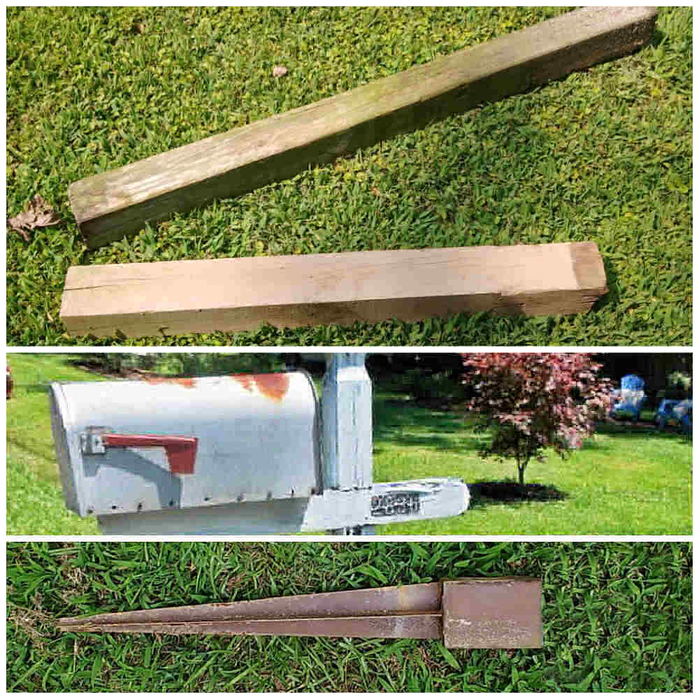 Supplies for the garden tool storage project: reclaimed wood 4 x 4, old mail box and post hol