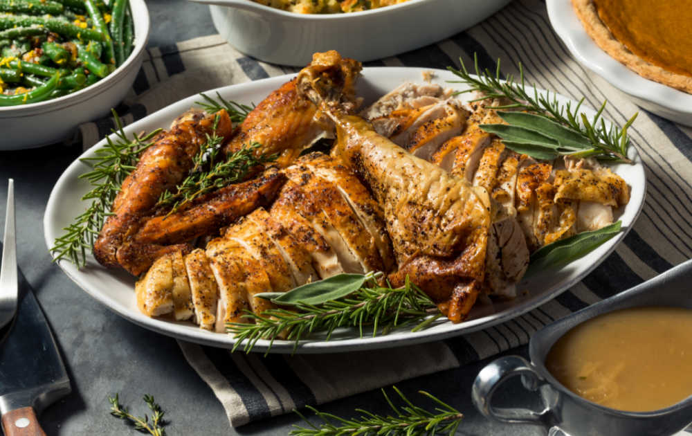 Turkey dinner with Thanksgiving herbs.