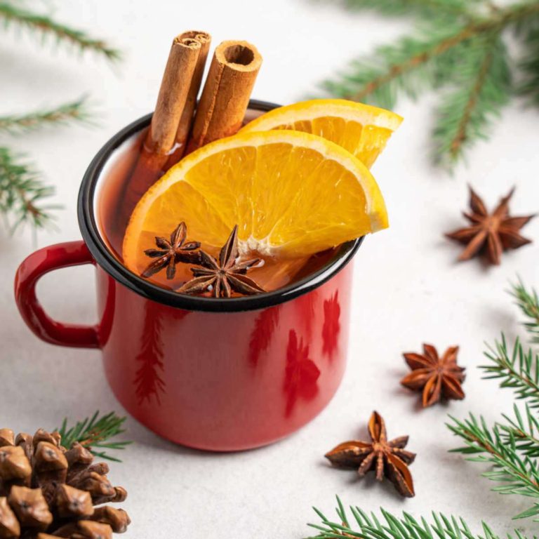 Mug of hot cider with cinnamon sticks and star anise.