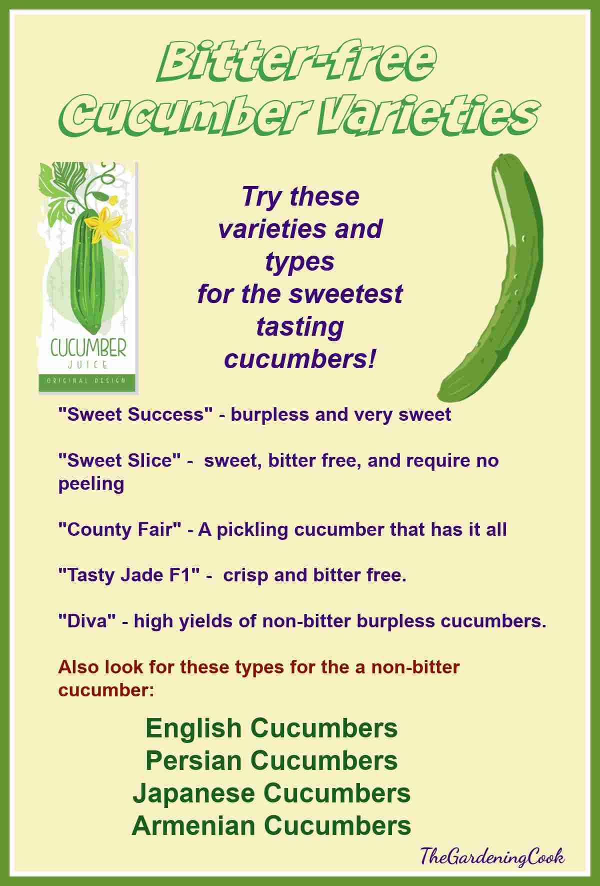 A printable showing types and varieties of bitter-free cucumbers.