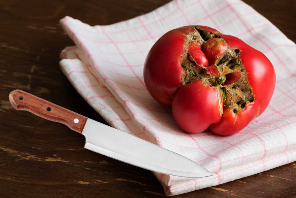 Ugly catfaced tomato on a towel with a kitchen knife.