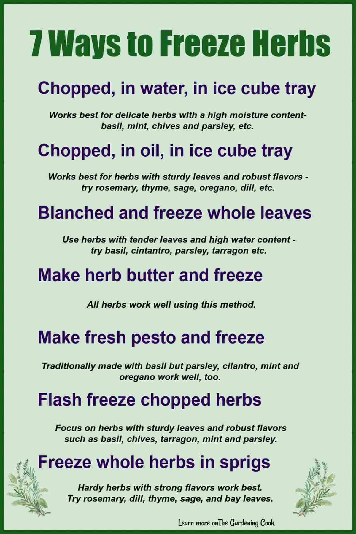 Printable showing 7 ways to freeze herbs.