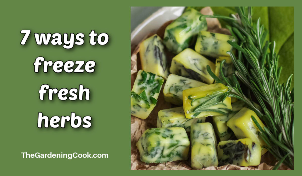 Sprig of rosemary next to frozen herbs in butter. Text reads 7 ways to freeze fresh herbs.