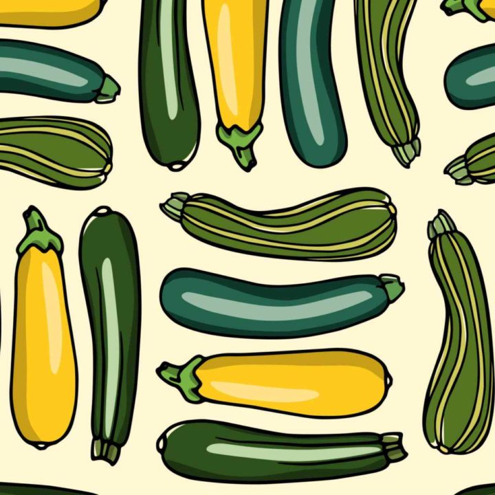 Images of summer squash on a yellow background.