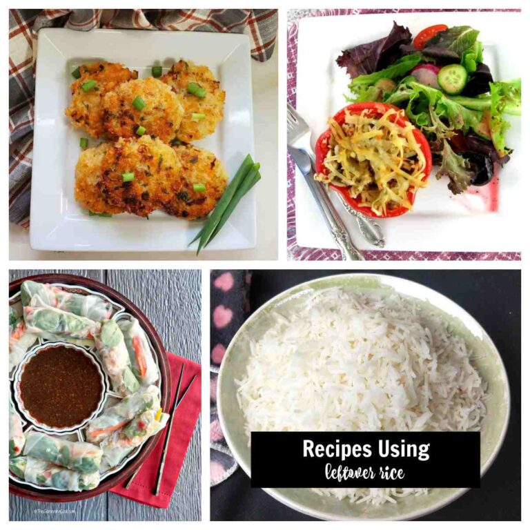 Recipes in a collage with words reading recipes using leftover rice.