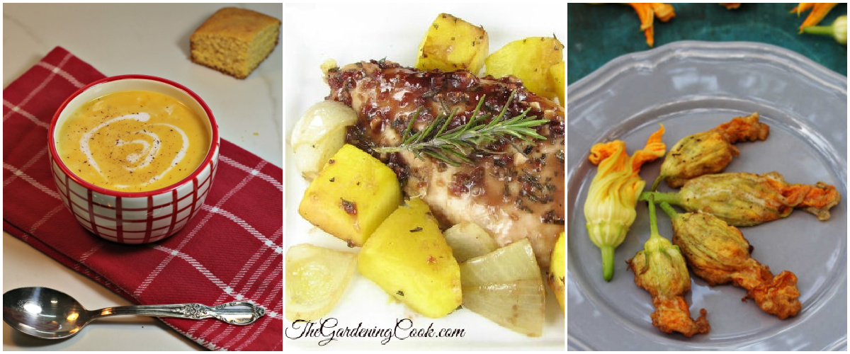 More squash recipes including soup, chicken and squash and stuffed squash blossoms.