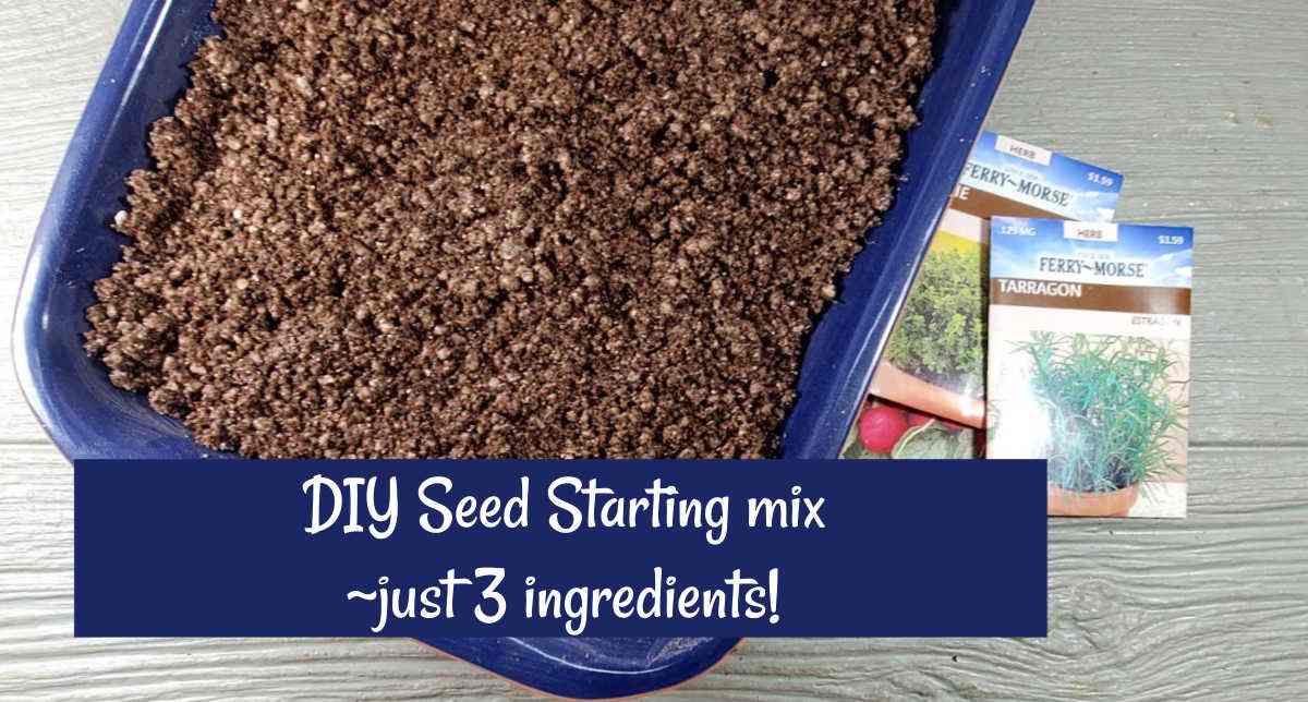 Soilless mix in a blue enamel tray with words DIY Seed Starting mix - just 3 ingredients.