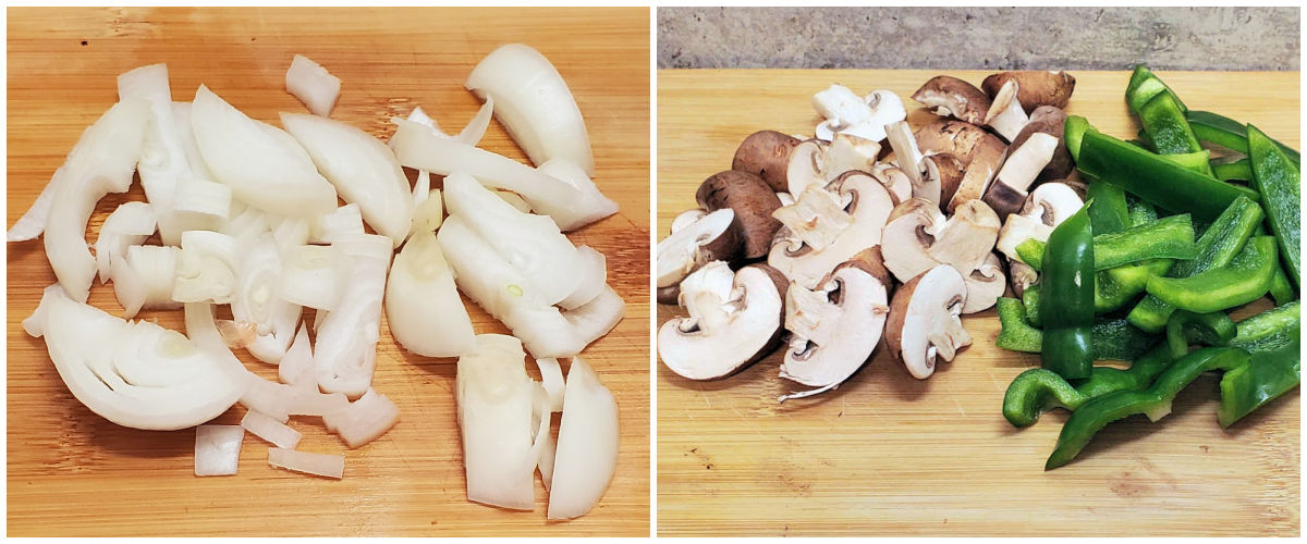 A collage showing sliced onions, baby bella mushrooms and green peppers on a cutting board.