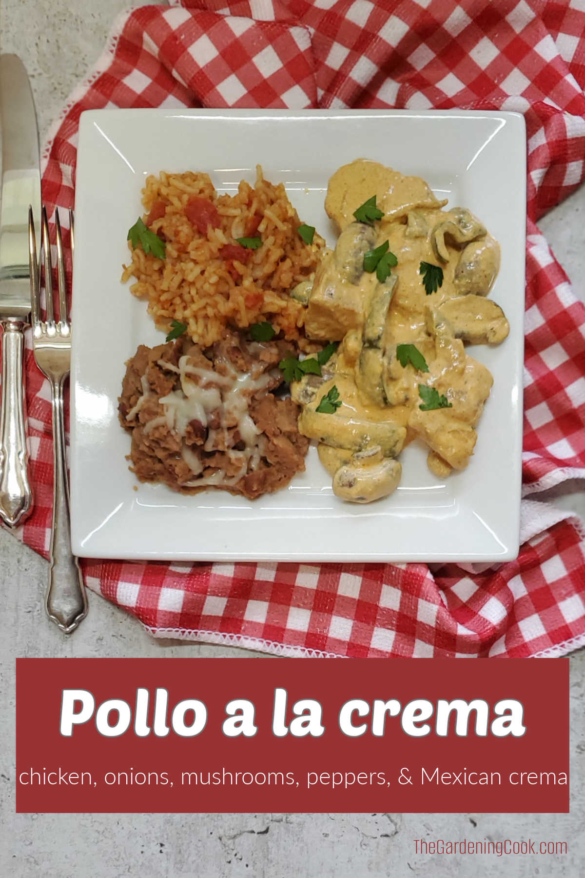A white plate on a red and white napkin with a Mexican creamy chicken. Red text box reads Polla a la crema - chicken, onions, mushrooms, peppers and Mexican crema.
