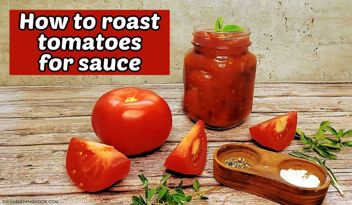 A jar of tomato sauce next to a beefsteak tomato, sliced tomatoes, herbs and salt and pepper. Red text box reads How to roast tomatoes for sauce.