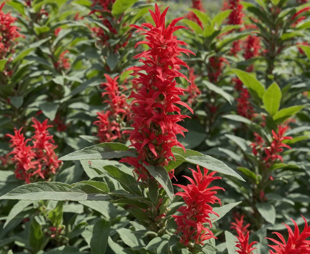 A pineapple sage plant with bright red, tubular flowers.