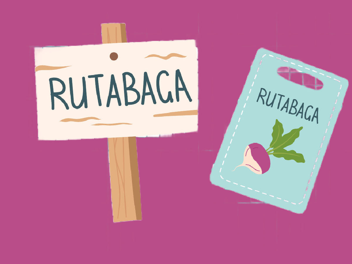 A graphic showing rutabaga seeds and a sign post with the word rutabaga on it.