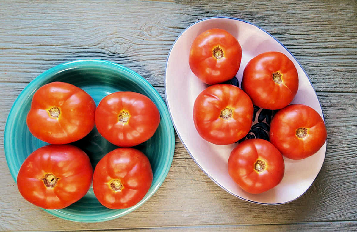 A green and white plate with ripe tomatoes on them.