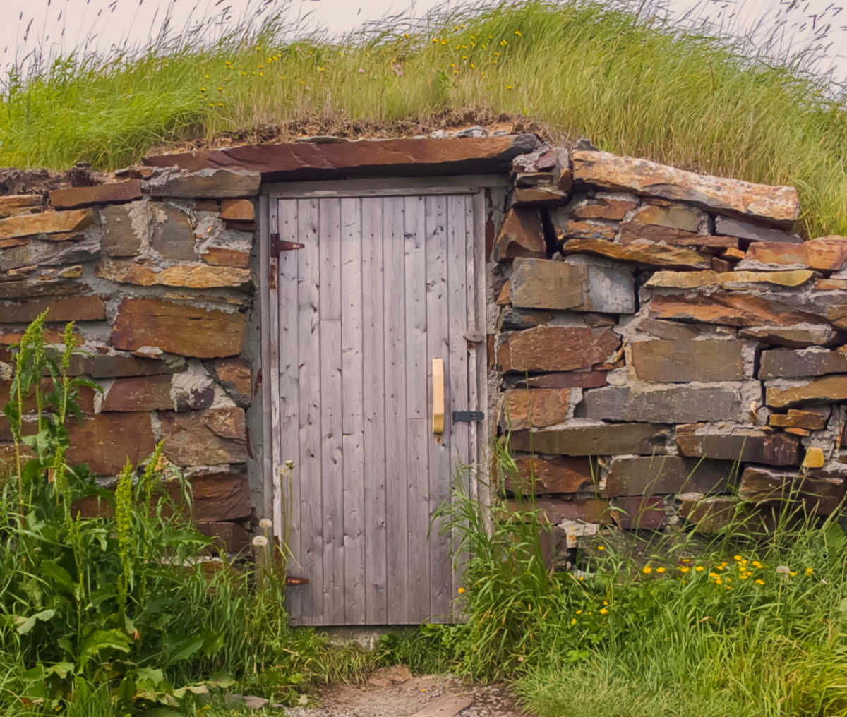 A root cellar with rock wall and door.