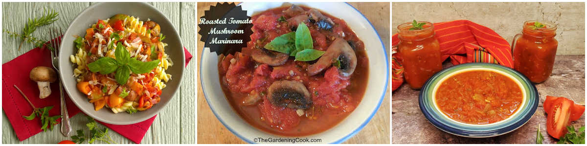 Collage with photos of three different tomato sauce recipes.