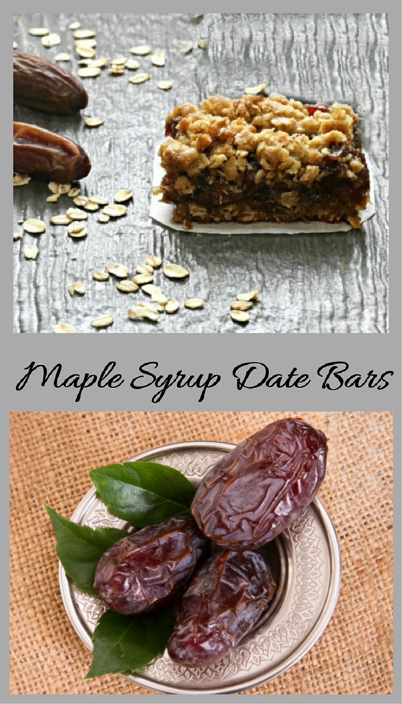 A collage with images of date oat bars on top and bowl of dates on the bottom. Text reads Maple Syrup Date Bars.