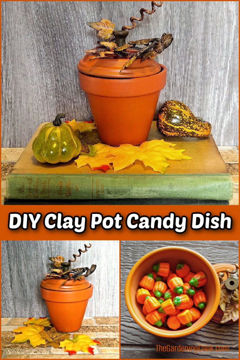 Pictures of a DIY Clay Pot Candy Dish project.