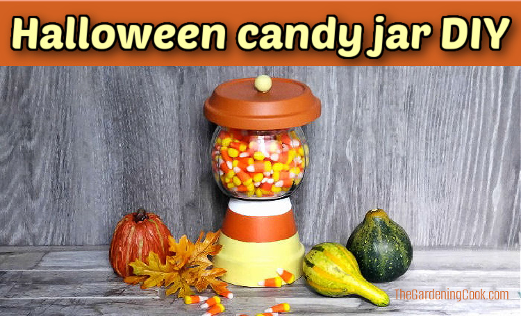 A clay pot and saucer,l painted in yellow and orange and made into a fall candy jar filled with candy corn. Text box reads Halloween candy jar DIY.