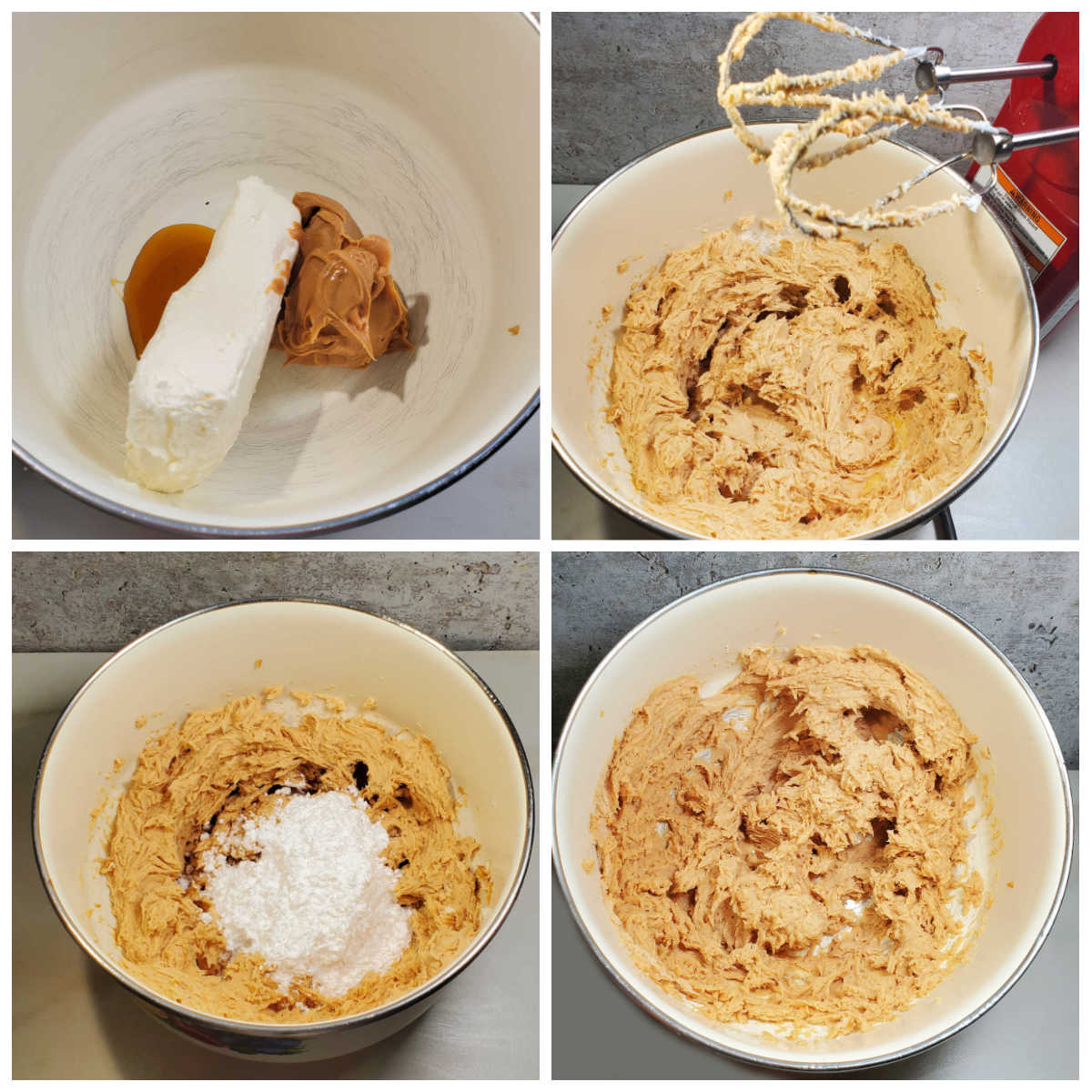 Making the peanut butter cream cheese frosting. A collage showing the procedure for how to make frosting in a bowl with a mixer.