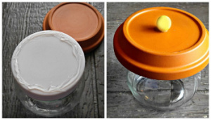 Hot glue on a glass jar lid and painted clay saucer with wooden ball on top of the glass jar.