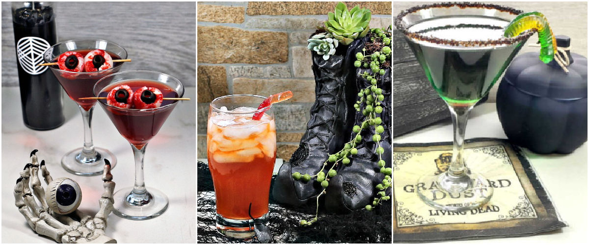 Three different Halloween party drinks in a collage with skeleton hand, witch boots and black coffin.