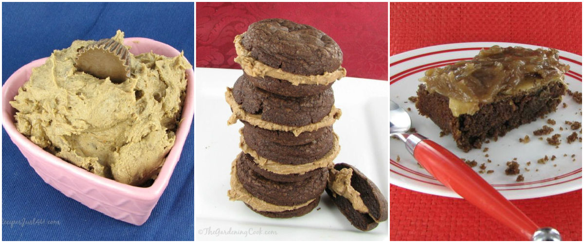 More peanut butter recipes to try. Peanut butter buttercream frosting, chocolate peanut butter whoopie pies, and chocolate peanut butter cake in a collage.