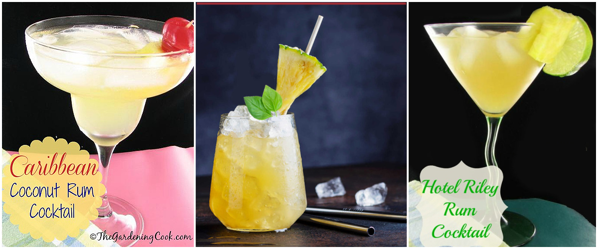 Pictures of three pineapple cocktails.