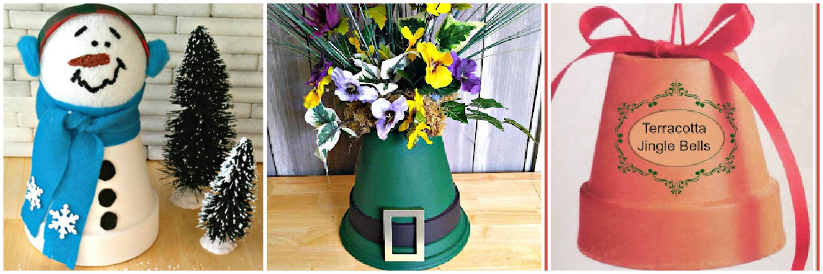 More clay pot projects A clay pot snowman, leprechaun hat centerpiece and clay pot jingle bell in a collage.