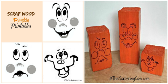 A collage with faces patterns and some orange wood with painted faces.