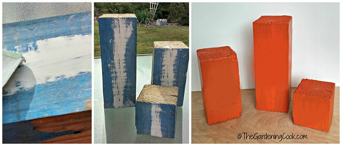 Three pieces of scrap wood, filled, sanded and painted orange.