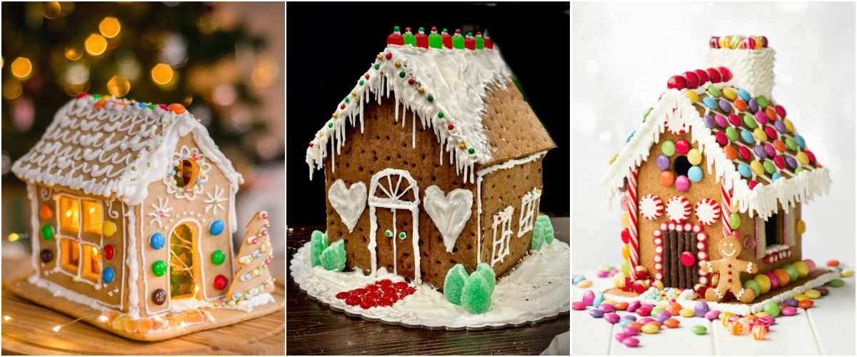 Gingerbread house inspiration Gingerbread houses in a collage showing how to use butterscotch candies, candy canes, , peppermints and M & Ms.