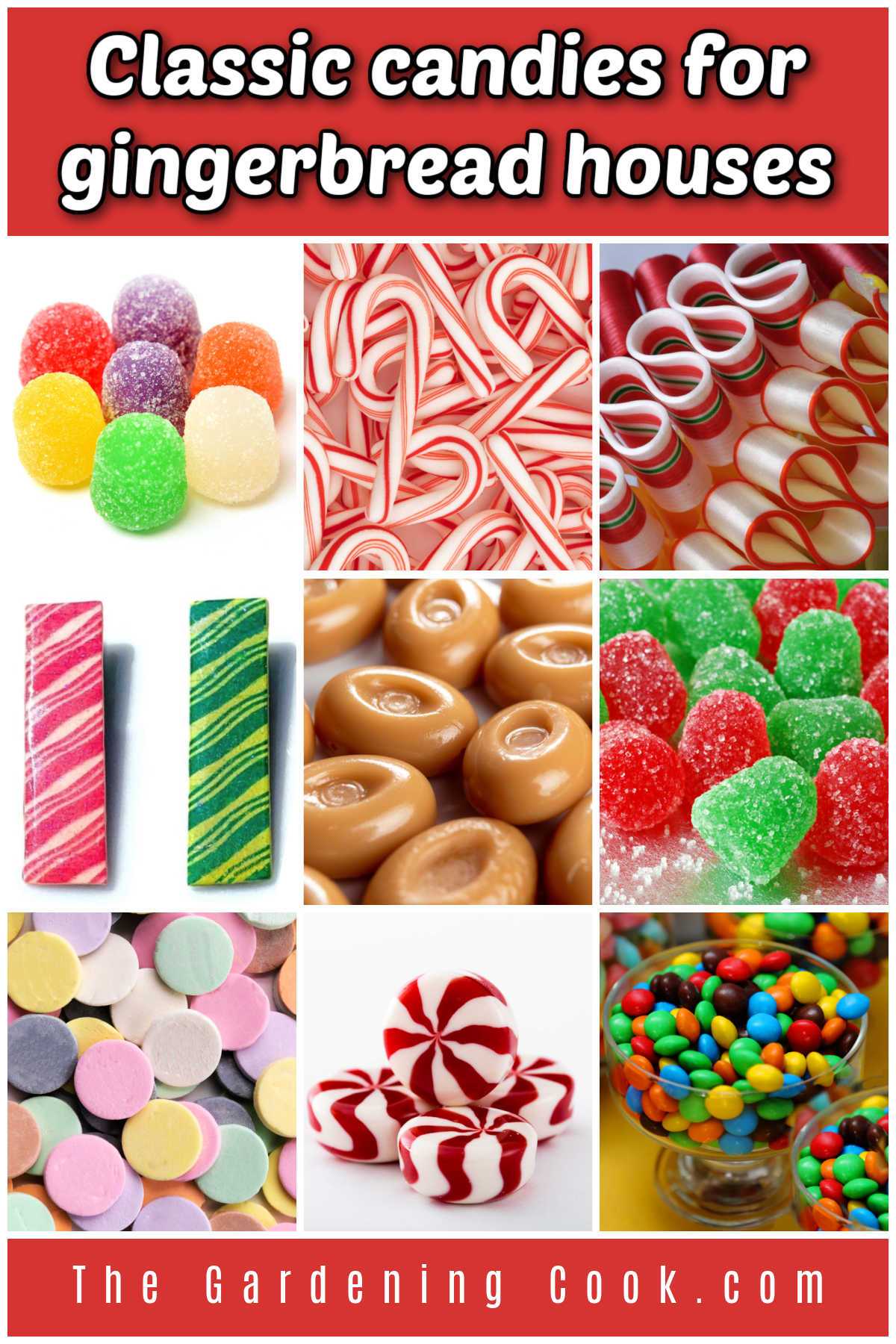 A collage with pictures of candies often used to decorate gingerbread houses. Red text reads classic candies for gingerbread houses.
