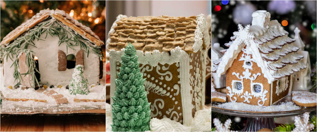 Using non-candy elements in a gingerbread house. A collage with pictures of a gingerbread house with rosemary and chex cereal, a house with ice cream trees, and a gingerbread house with almond and coconut shingles on the roof.
