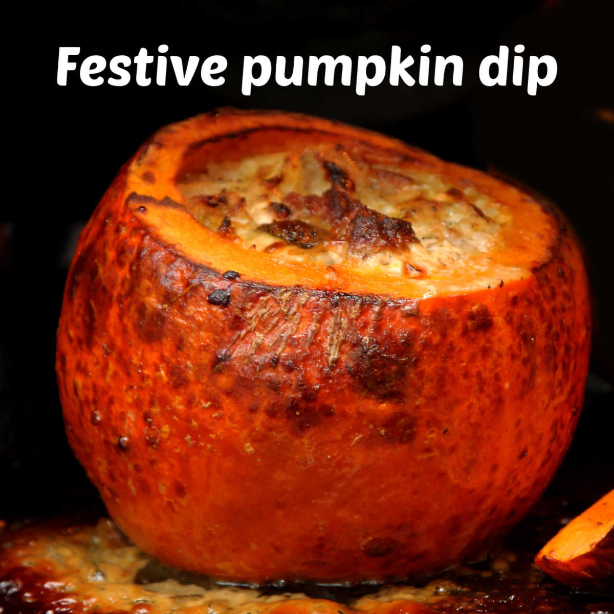 Pumpkin dip baked in a pumpkin bowl. White text reads festive pumpkin dip.