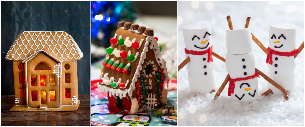 Creative gingerbread house ideas. A collage with pictures of a gingerbread house with stained glass windows, a house with reindeer corn and peanut butter cups and 3 marshmallow snowmen.
