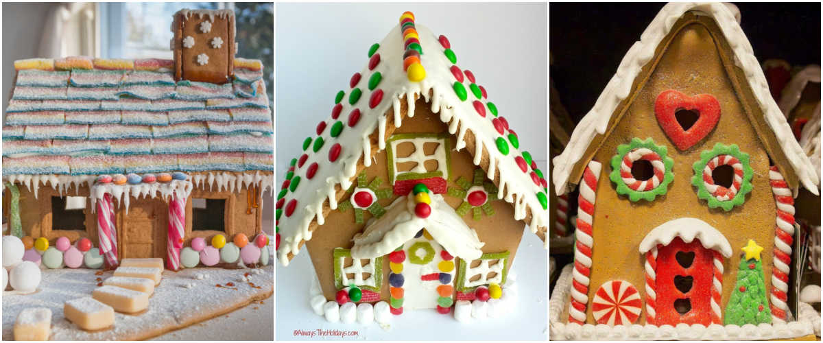 Creative gingerbread houses. A collage showing pictures of gingerbread houses with sour candy roof tiles, a roof decorated with sixlets and fruit slice windows and door.