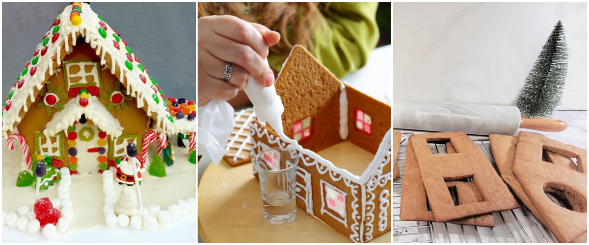 A collage with images of a finished gingerbread house, a woman making a gingerbread house and homemade gingerbread pieces drying on a rack.