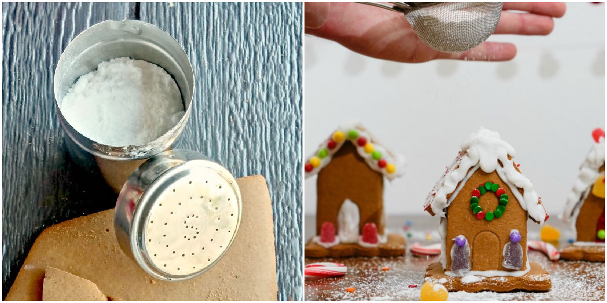 How to make fallen snow. A flour duster filled with confectioners sugar next to a woman holding a sieve with powdered sugar over a gingerbread house to make snow.