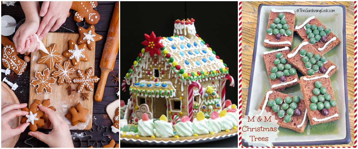Other gingerbread related posts. A collage with images of hands working with gingerbread, a finished gingerbread house, and gingerbread bar cookies with MM Christmas trees.
