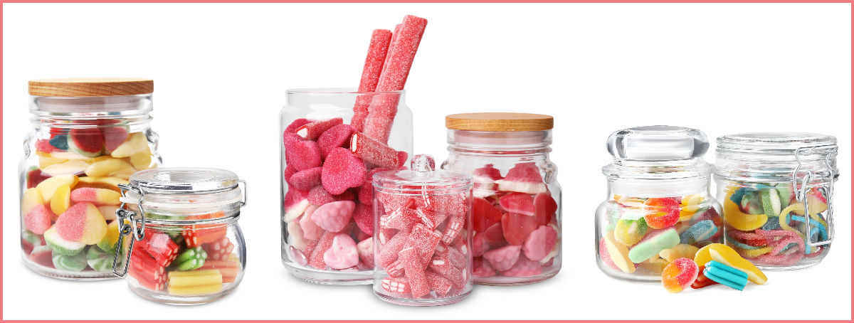 Gingerbread house candy in glass jars with air tight lids.