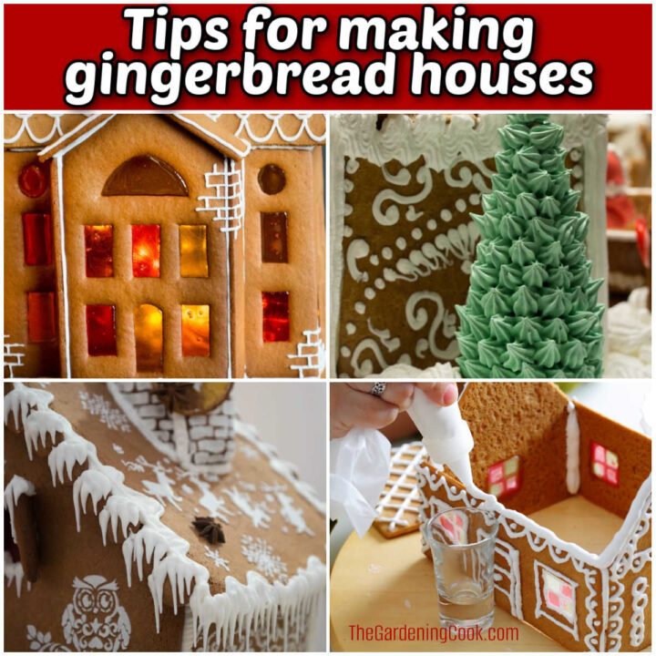 A collage showing closeups of stained glass windows, ice cream cone trees, gingerbread roof icicles and hands making a house. Red textbox reads Tips for making gingerbread houses.
