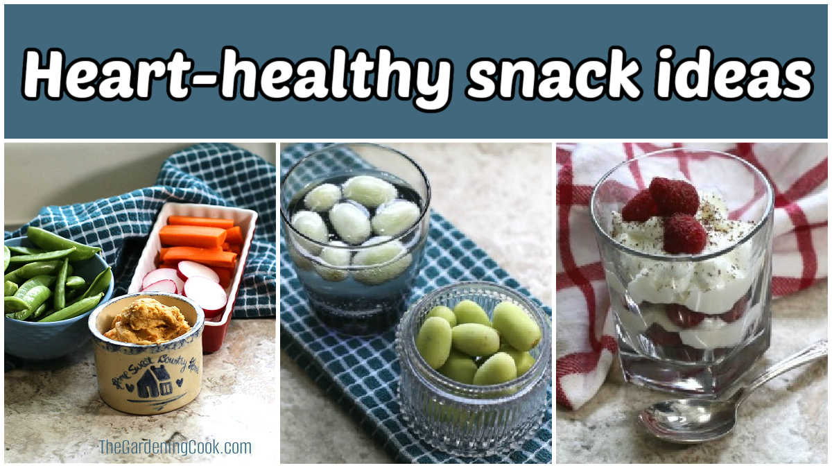 A collage showing images of hummus with vegetables, frozen grapes and a yoghurt snack. Blue text box reads Heart-healthy-snack ideas.