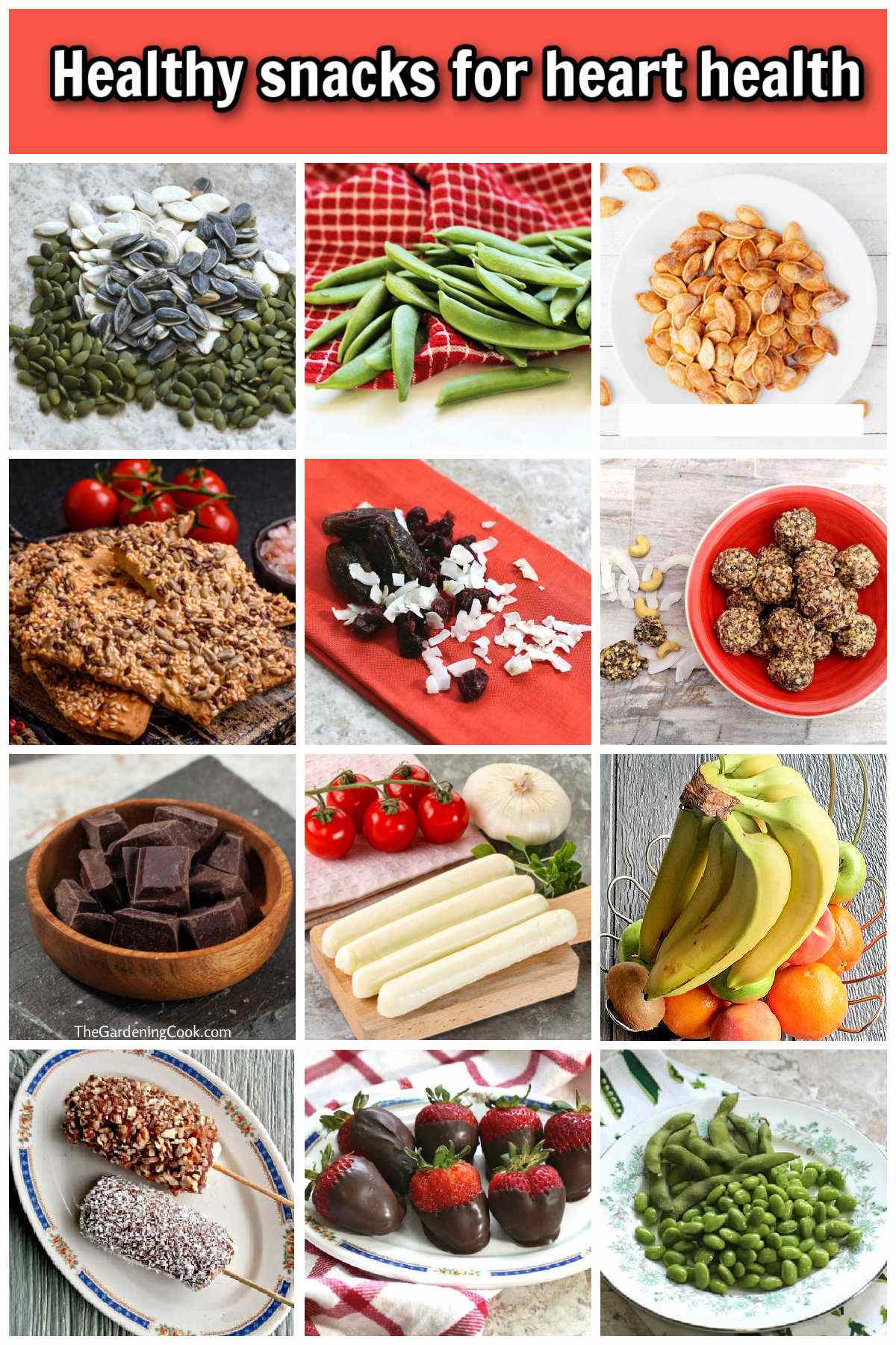 A collage with 12 different images of heart-smart snacks. Orange text box reads Healthy snacks for heart health.