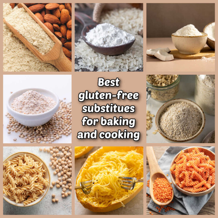 A collage with various types of wheat-free flour and noodles. Center text reads Best gluten-free substitutes for baking and cooking.